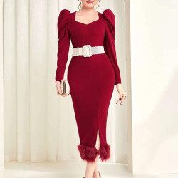 فستان ياقة سويت هارت اكمام شكل منفوخة بحافة شق بدون حزام