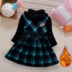 فستان بناتي قطن منقوش مربعات اكمام طويلة