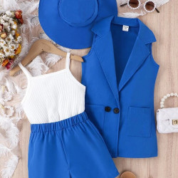 طقم بلوزة وبنطلون قصير وقبعة وجاكيت 4 قطعة للبنات 4- 7 سنه