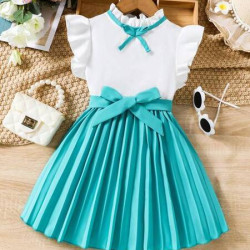 فستان لونين عقدة الفراشة أمامية مقلم بكشكش 