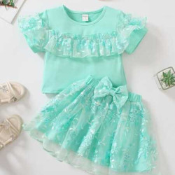 تي شيرت بقوس كشكش وتنورة للبنات 