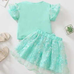 تي شيرت بقوس كشكش وتنورة للبنات 