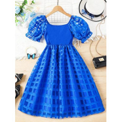 فستان ازرق مربعات شبكي للبنات 