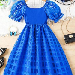 فستان ازرق مربعات شبكي للبنات 