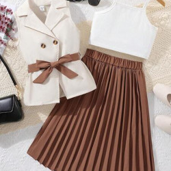 طقم بناتي جاكيت صدري وبلوزة كامي وتنورة كسرات