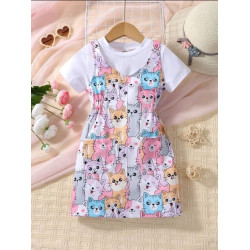 فستان افرول برسوم القطط الملونة وتي شيرت ابيض