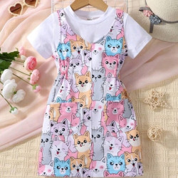 فستان افرول برسوم القطط الملونة وتي شيرت ابيض