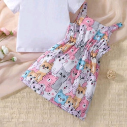 فستان افرول برسوم القطط الملونة وتي شيرت ابيض