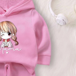 هودي مع بنطلون شتوي للبنات بجرافيك أحرف ورسوم كرتون