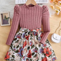 فستان بحزام طباعة الأزهار اكمام منتفخة