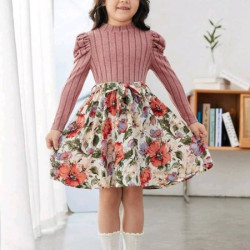 فستان بحزام طباعة الأزهار اكمام منتفخة