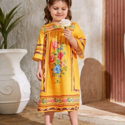 فستان طويل للفتاة الصغيرة بأكمام بتوفة وطبعة زهور