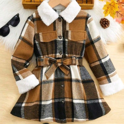 معطف طباعة مربع النقش ياقة بتفاصيل رفرف حزام