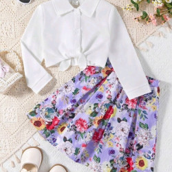 بلوزة وتنورة بطباعة ورود ملونة للبنات