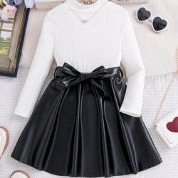 فستان ابيض وجلد اسود انيق للبنات