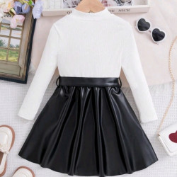 فستان ابيض وجلد اسود انيق للبنات