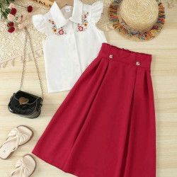 مجموعة قطعتين لفتاة صغيرة بلوزة مطرزة وتنورة 