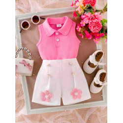 بلوزة انيقة بياقة بولو وشورت بخرز مخصر 