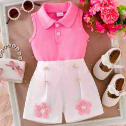 بلوزة انيقة بياقة بولو وشورت بخرز مخصر 