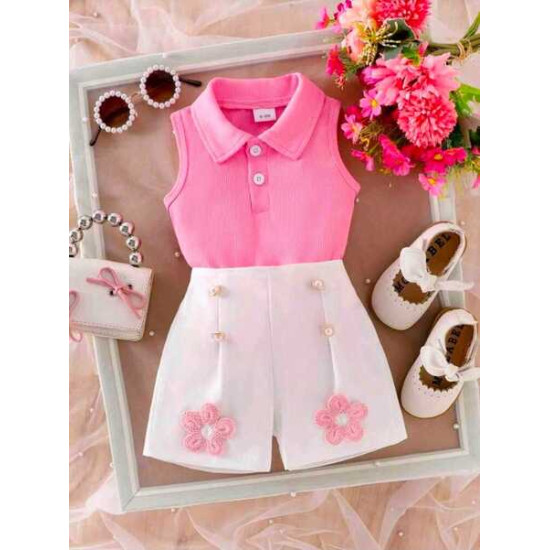 بلوزة انيقة بياقة بولو وشورت بخرز مخصر 