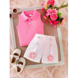 بلوزة انيقة بياقة بولو وشورت بخرز مخصر 