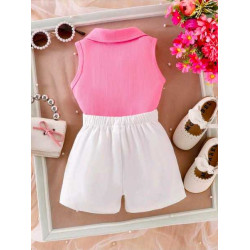 بلوزة انيقة بياقة بولو وشورت بخرز مخصر 