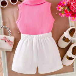 بلوزة انيقة بياقة بولو وشورت بخرز مخصر 