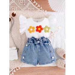 مجموعة من قطعتين كاجوال للبنات الصغار مزينة بورود