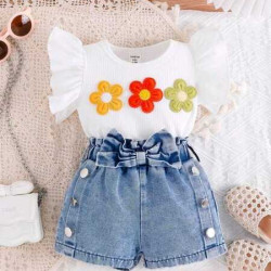 مجموعة من قطعتين كاجوال للبنات الصغار مزينة بورود