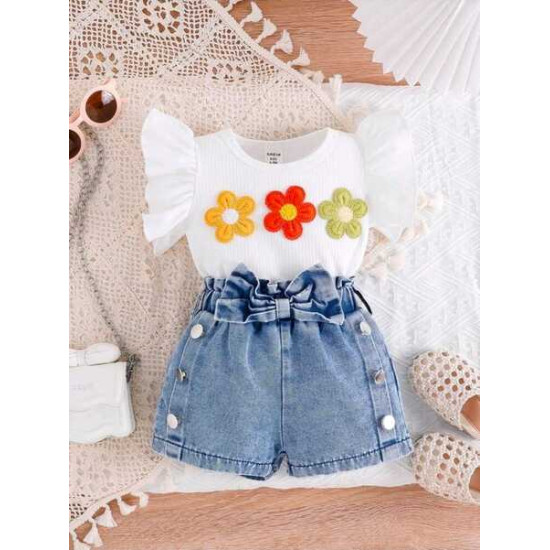 مجموعة من قطعتين كاجوال للبنات الصغار مزينة بورود