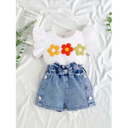 مجموعة من قطعتين كاجوال للبنات الصغار مزينة بورود