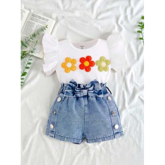 مجموعة من قطعتين كاجوال للبنات الصغار مزينة بورود