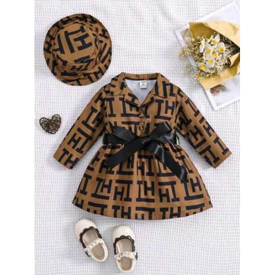 فستان بحزام وقبعة للبنات الصغار 