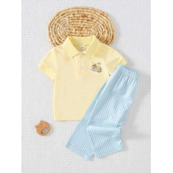 قميص بولو بتطريز دب وبنطلون مخطط