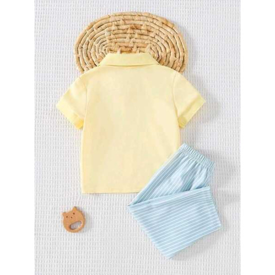 قميص بولو بتطريز دب وبنطلون مخطط