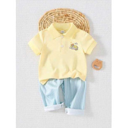 قميص بولو بتطريز دب وبنطلون مخطط