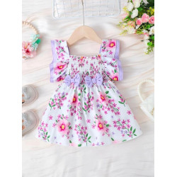 فستان طباعة الأزهار بكشكش وفيونكات أمامية 