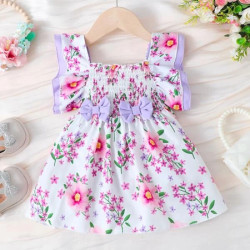 فستان طباعة الأزهار بكشكش وفيونكات أمامية 