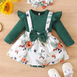 فستان للبنات الصغار بزهور مقلم وربطة راس 