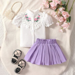 تنورة وبلوزة مطرز بأزهار مقلم بكشكش اكمام منتفخة 