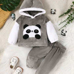 هودي وبنطلون باندا مطرز لونين للأولاد والبنات