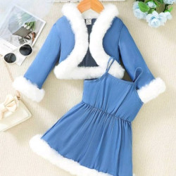 طقم فستان وجاكيت للبنات الصغار بأطراف من الفرو