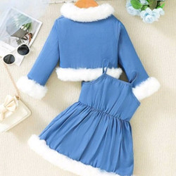 طقم فستان وجاكيت للبنات الصغار بأطراف من الفرو