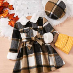 فستان نقش مربعات للبنات الصغار بقبعة