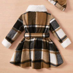 فستان نقش مربعات للبنات الصغار بقبعة