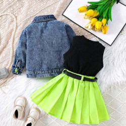 مجموعة جاكيت جينز للبنات وسترة بلون سادة وتنورة