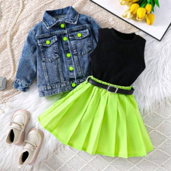 مجموعة جاكيت جينز للبنات وسترة بلون سادة وتنورة