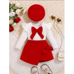 طقم تنورة وبلوزة أكمام طويلة بيضاء مع فيونكة حمراء