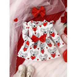 فستان قلب وطباعة دب مع فيونكة وربطة راس 