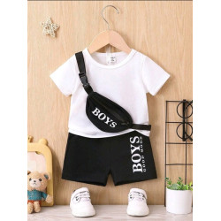 طقم تي شيرت وشورت طباعة حرفية كاجوال للأولاد